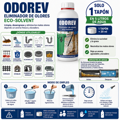 ODOREV| Desengrasante eliminador de Olores Tuberías, Bajantes, Desagües y Fosa Séptica Eco-Solvent