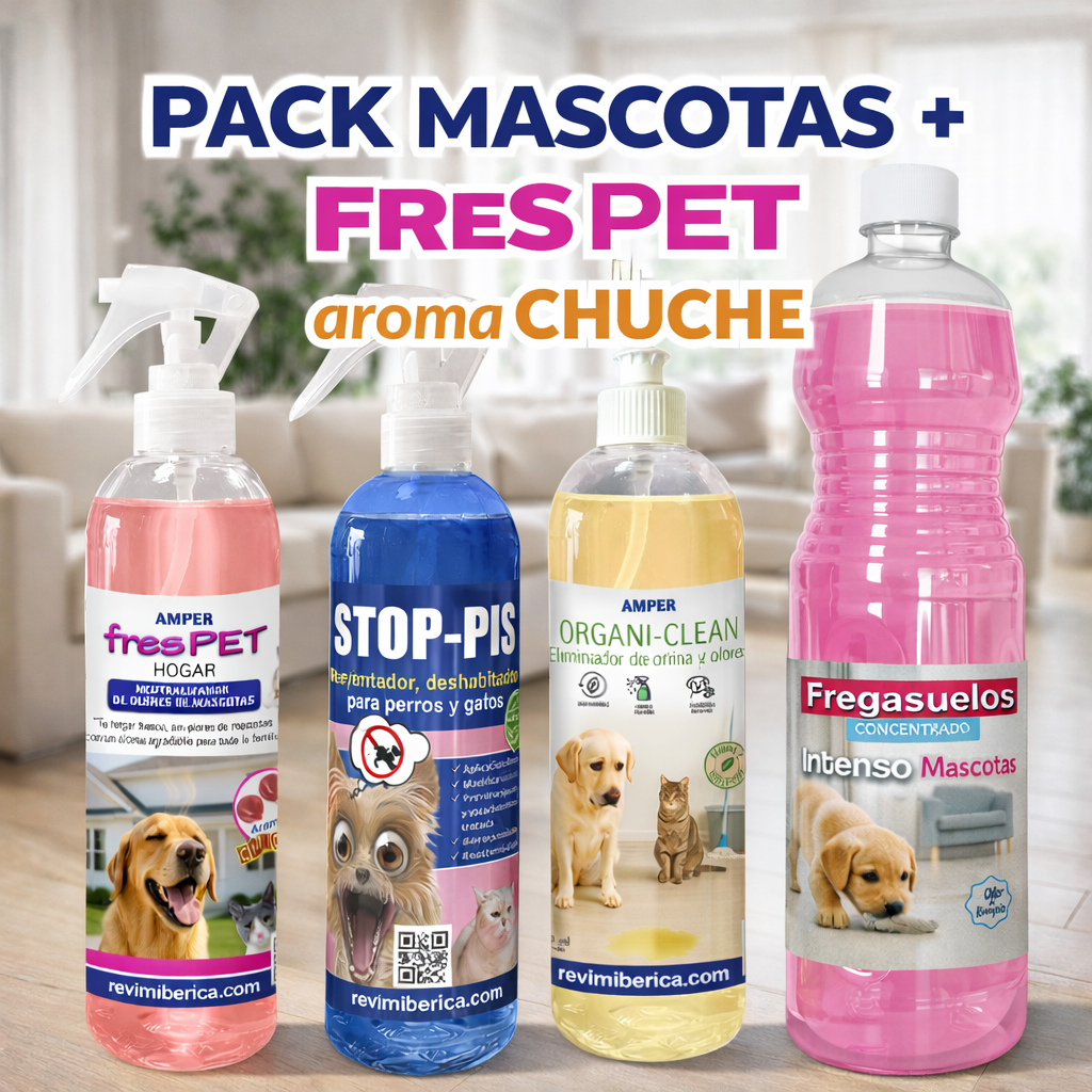 pack de productos para limpieza de hogares donde habitan mascotas con un ambientador, un eliminador de orina, un limpiador de orines y heces y un fregasuelo especial para mascotas