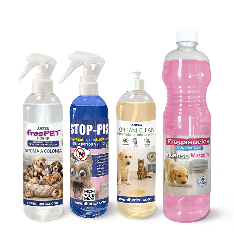 Pack limpieza para mascotas – 4 PRODUCTOS para control de olores y orina en perros y gatos