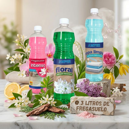 Pack Triplex Fregasuelos 3x1L – Intenso, Floral y Ropa Limpia | Concentrado, pH Neutro y Larga Duración