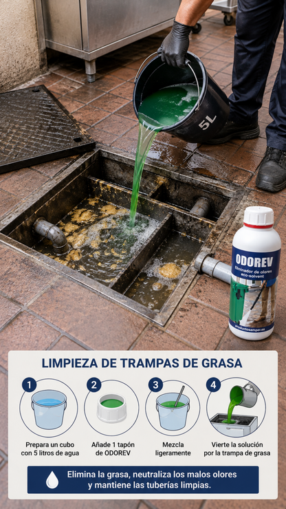ODOREV| Desengrasante eliminador de Olores Tuberías, Bajantes, Desagües y Fosa Séptica Eco-Solvent